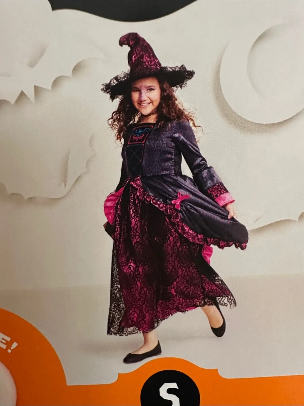 Girls Gothic Lace Witch Costume Dress in Black and Hot Pink